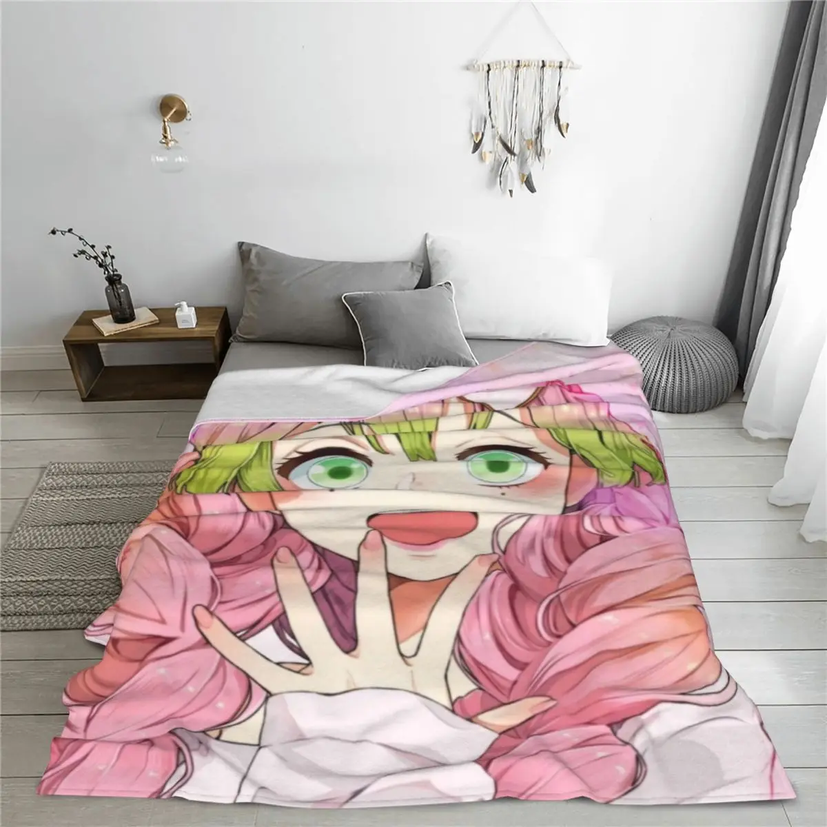 Demon Slayers Kanroji Mitsuri Flannel Blanket Manga Anime Novelty Throw Blankets for Home 125*100cm Quilt