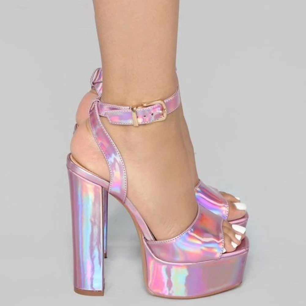 Pink silver Laser Reflected leather Platform Ankle Buckle Sandals Chunky High Heel Peep toe Bling Women Summer Daliy Party Shoes