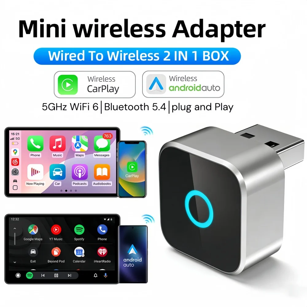 Mini adaptador Carplay inalámbrico 2 en 1 para Android IPhone, cableado automático a caja AI inalámbrica, conexión USB para Volvo MG Kia Chery Toyot