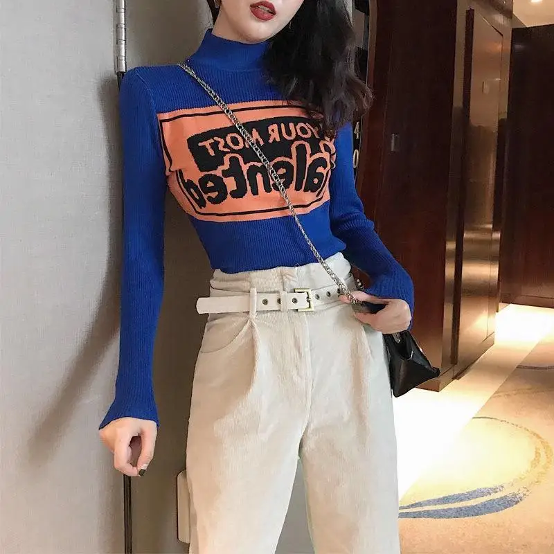 

Женская одежда, корейская мода, лоскутное письмо, базовый вязаный свитер в рубчик, элегантный шикарный тонкий пуловер с высоким воротником и длинными рукавами