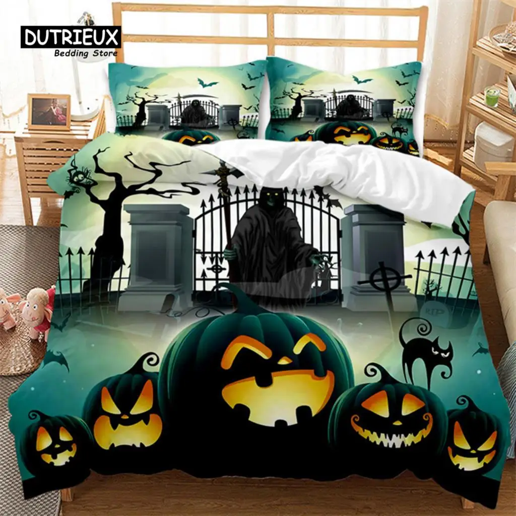 Cartoon Pumpkin Duvet Cover Gothic Halloween Skull Bedding Set Polyester Lantern Ghost Comforter Cover King For Boys Girls Decor