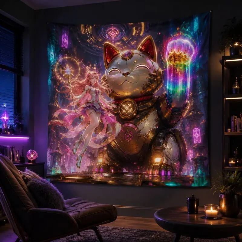 VIKAMA Nine Tails Fox Anime Tapestry, Moon Star Wall Hanging, Ethereal Mystical Blanket for Teen Bedroom Dorm Decor