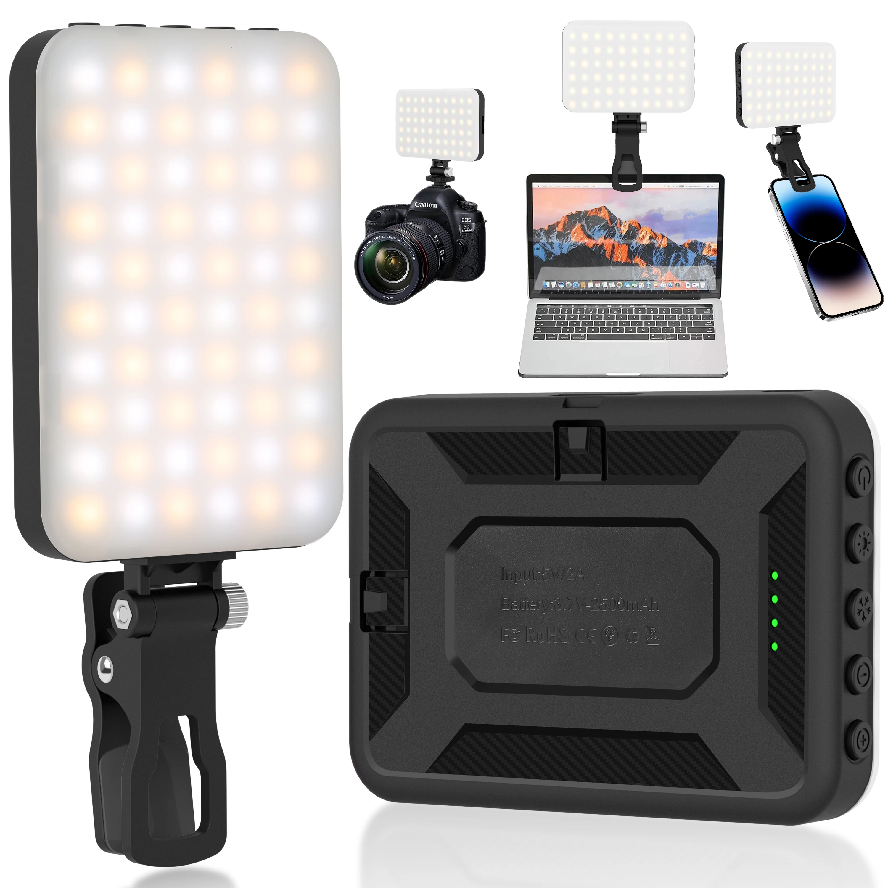LED Selfie Light,60 LED Beads 2500mAh Rechargeable CRI 97+, 7 Light Modes,Portable Clip on Light for