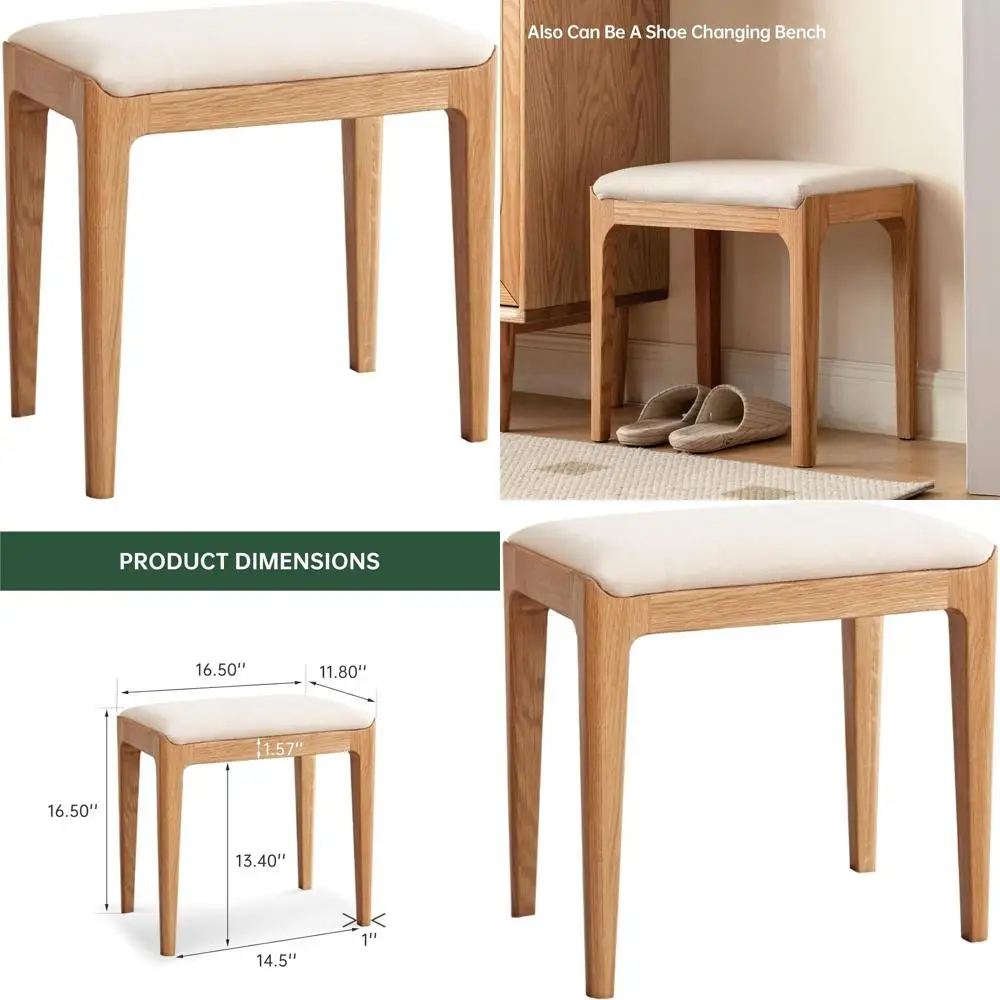 

Natural Oak Small Solid Wood Vanity Stool with High-Rebound Sponge Seat for Makeup, Bedroom, Dining, and Entryway