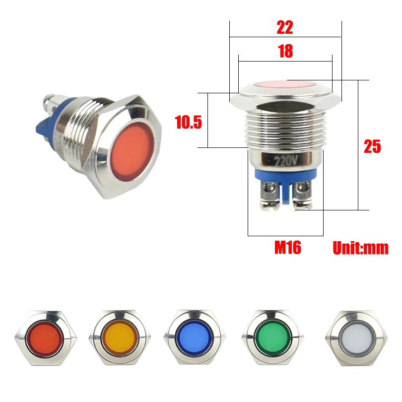 16mm Indicator LED Light 12V 220V Panel Mount Metal Waterproof Signal Lamp with O-Ring for Machinery and Equipment