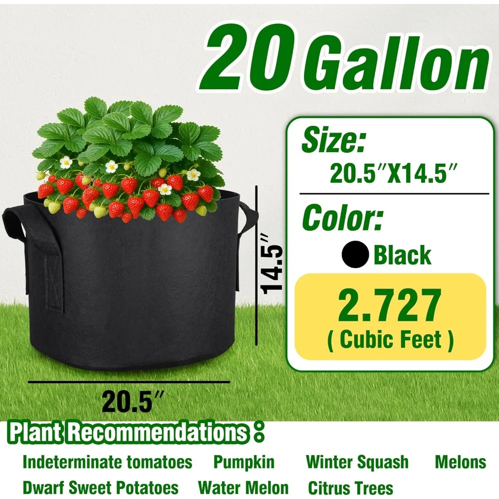 12-Pack 20 Gallon Fabric Grow Bags with Handles, Heavy Duty Reusable Plant Pots for Vegetables, Herbs & Flowers, BPA-Free Breathable