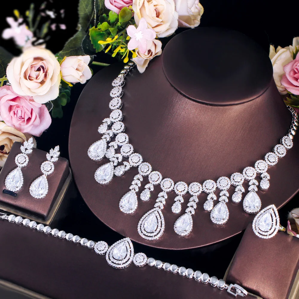 CWWZircons Clear White CZ Paved Dangle Tassel Water Drop Women Chunky Big Costume Necklace Jewelry Sets for Brides Wedding T711