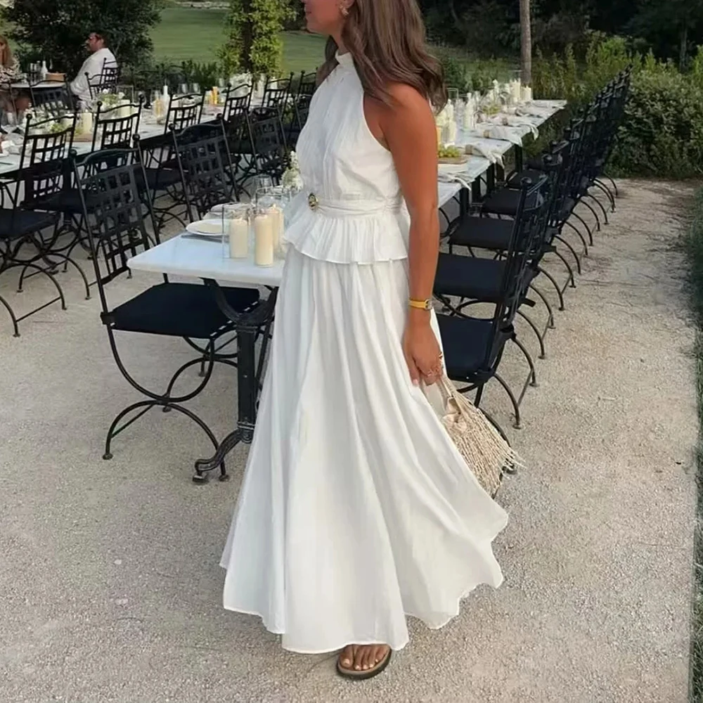 TWOTWINSTYLE Solid Two Piece Set for Women O Neck Sleeveless Top High Waist Temperament Skirts Female Fashion New