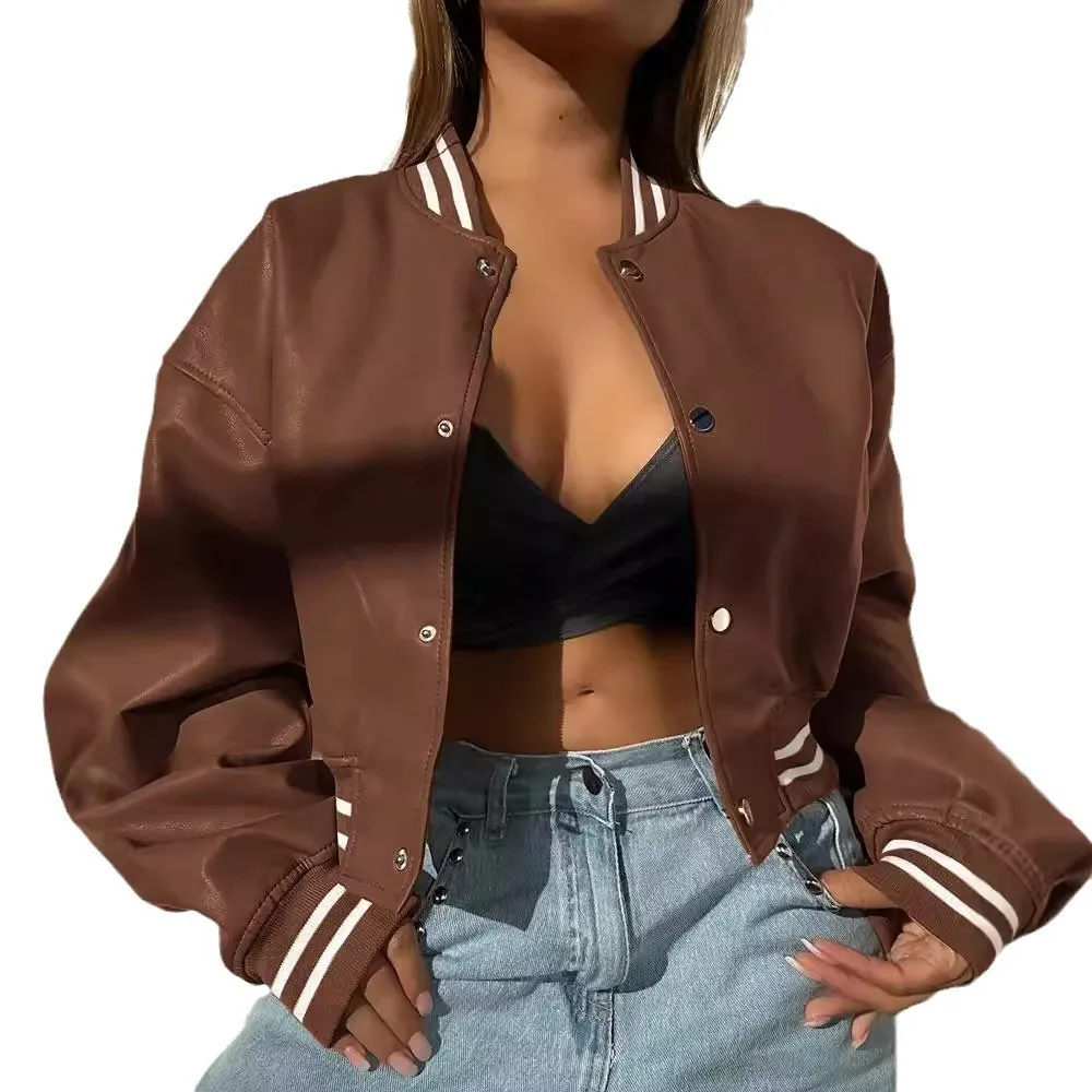 Faionable Long Sve moto PU cuir Jaet femmes automne hiver vêtements d'extérieur décontracté coupe ample fermeture à bouton unique