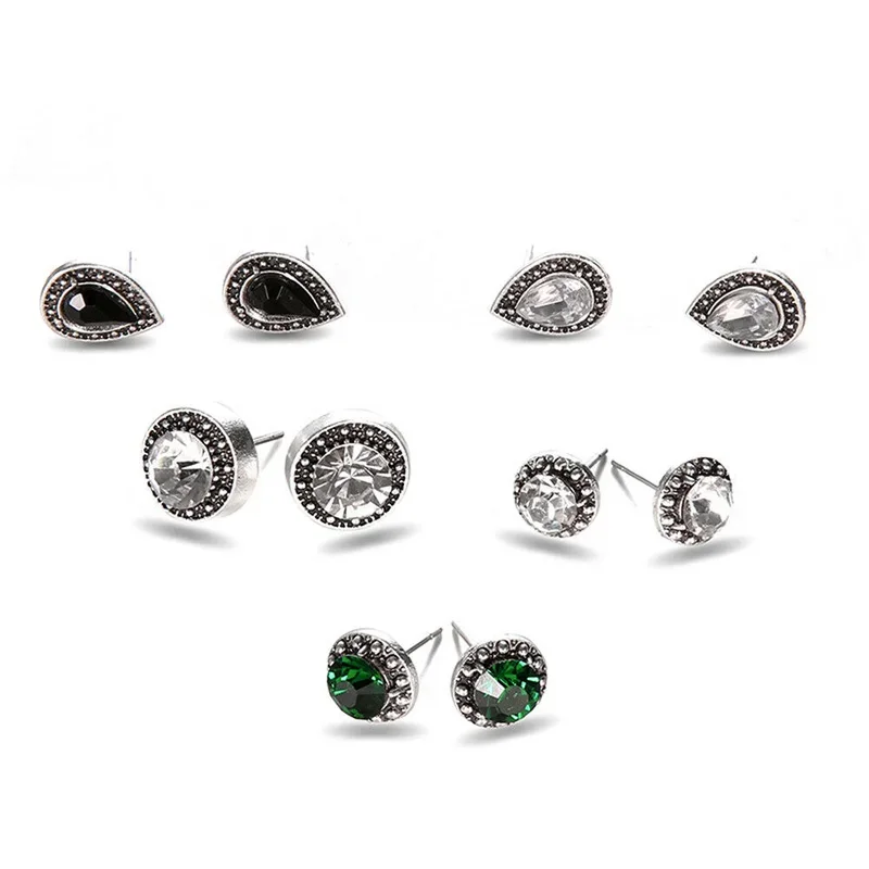 5 Pairs/Set Stud Earrings Cubic Zirconia Water Drop Green Black Crystal Gemstones Women Push-back Earring Studs