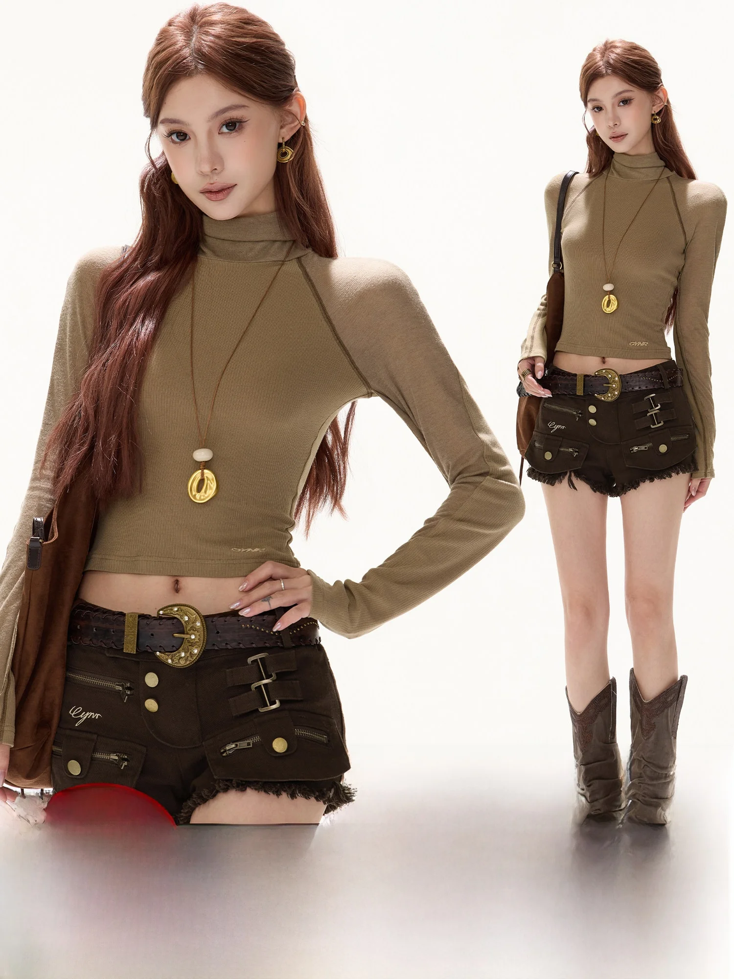 

CYNR Original Design High Texture Splicing Sa Collar Knitted Base irt Slim Fit Women's Top Commute Sle Long Sve