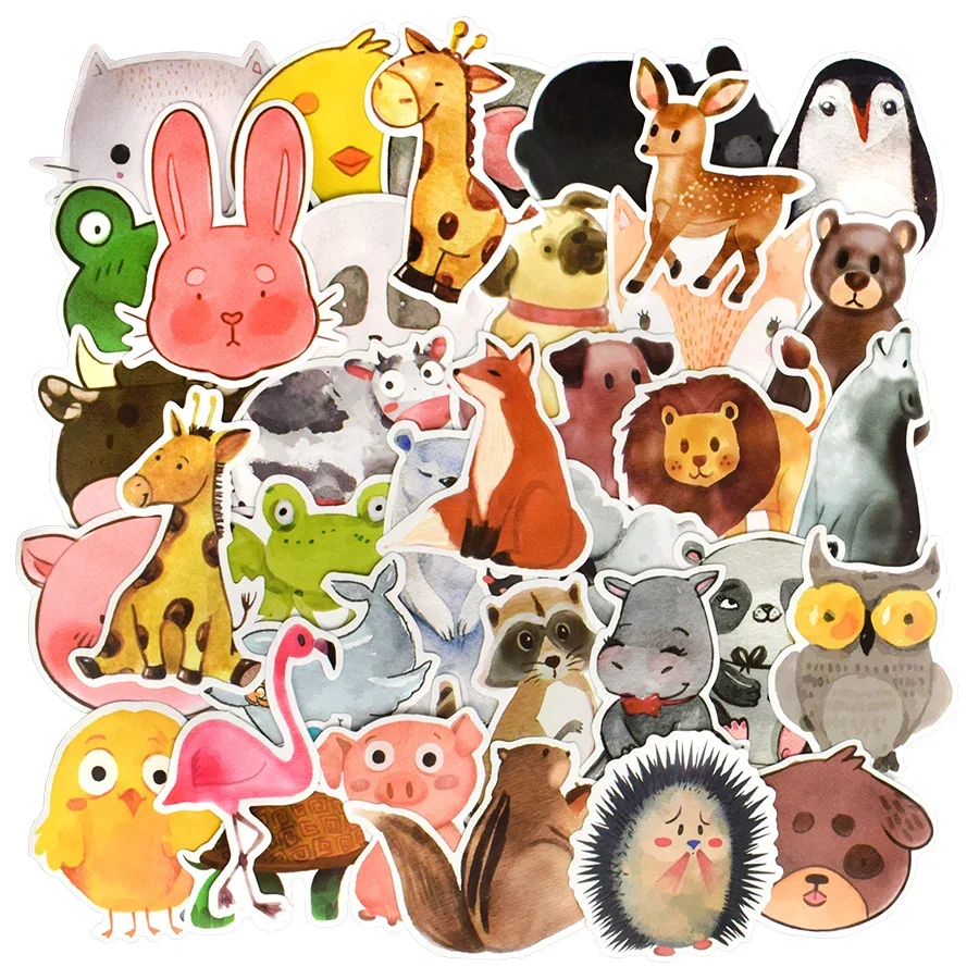 50 PCS Cute Animal Stickers Cartoon Watercolor Anime Funny Waterproof Stickers Toys for Children DIY Scrapbook Laptop Suitcase