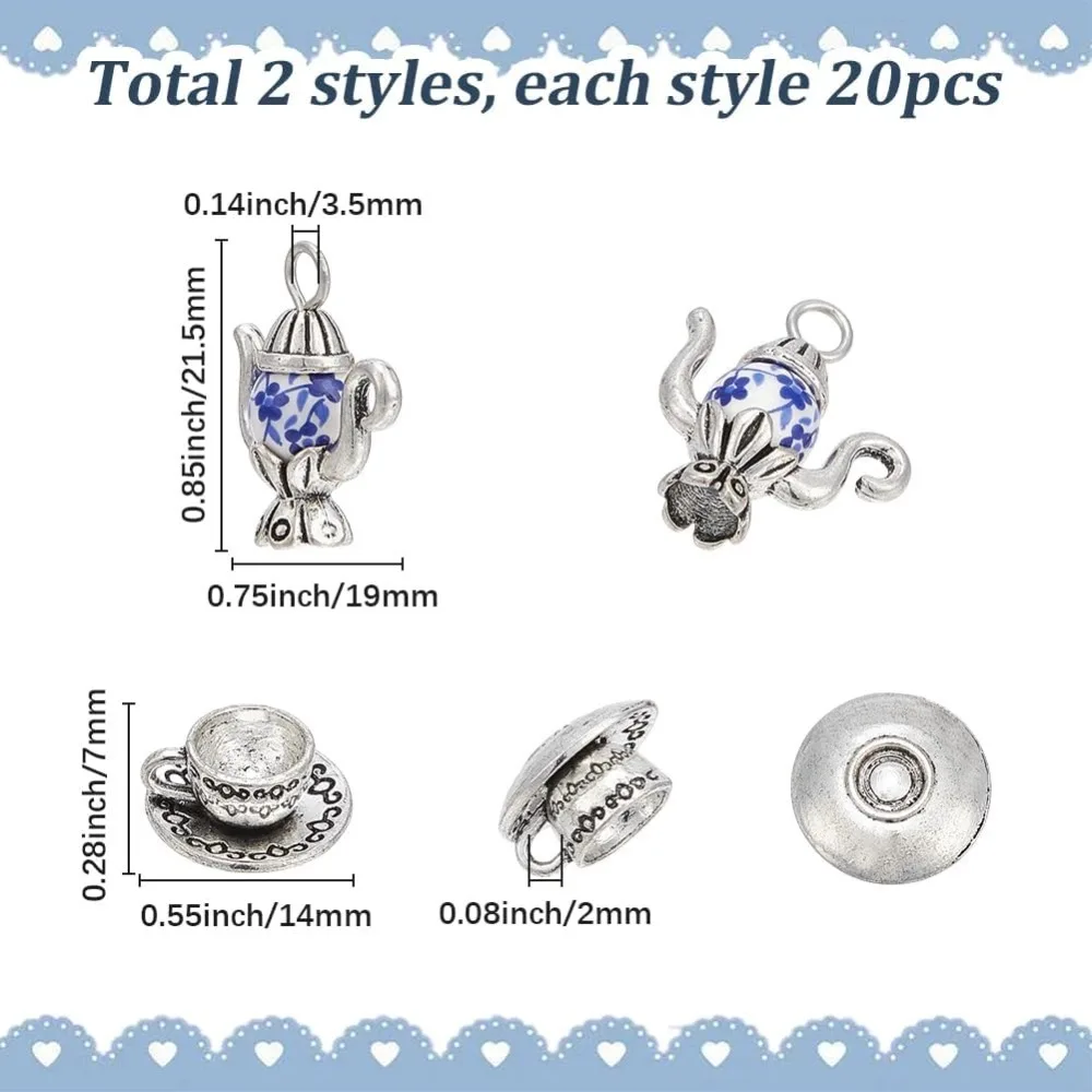 40Pcs 2 Styles Teapot Charms Tea Cup Charms Bulk Mini Coffee Silver Tea Cups Cute Vintage Mugs Teapots Pendants