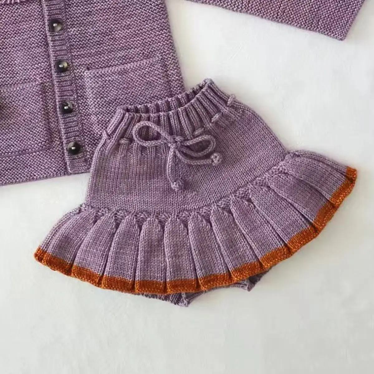 New Korean Style Two Piece Set For Little Girls Purple Heart Bow Knit Sweater Matching Skort Autumn Winter Kids Outfit 2-7Y
