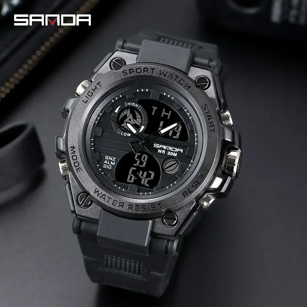 SANDA 739 Luxury Digital Quartz Watch for Men Military Army Waterproof Sports Wristwatches LED Dual Display Mens Reloj Hombre