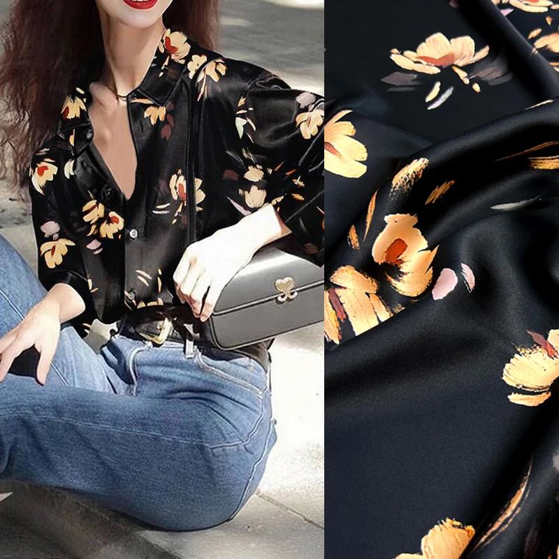 

Golden Floral Print on Black Stretch Silk Satin Fabric for Summer Soft Dress-Twill Silk Spandex Fabric, 140CM Wide 20MM D1649