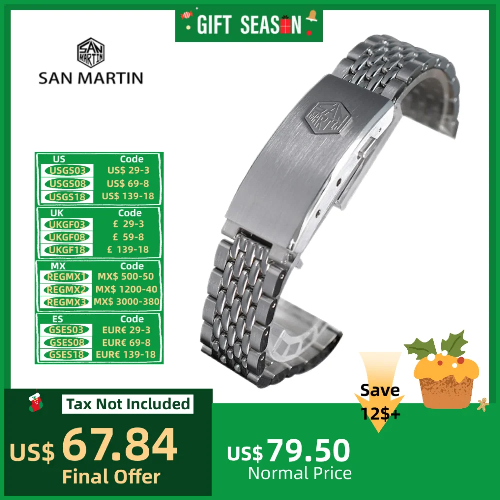 San Martin 20mm Tapered Beads Of Rice Solid 316L Stainless Steel Watch Bracelet Straight End Links Fly Adjustable Clasp BD0014