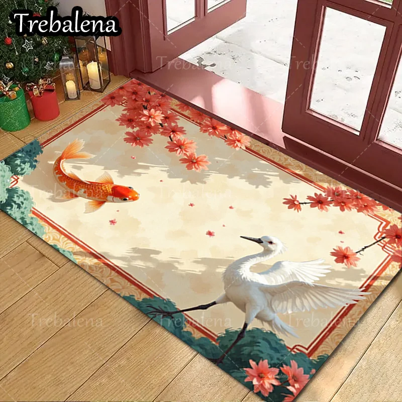 

1pc Welcome Door Mat Charming Koi Fish and White Crane Floral Rug for Home Decor