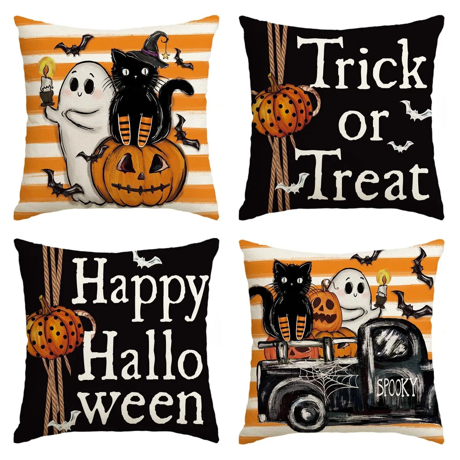 Trick or Treat Truck Cat Pumpkin Bat Throw Pillow Covers, 18 x 18 Inch Stripe Halloween Spooky Farmhouse Cushion Case Set of 4