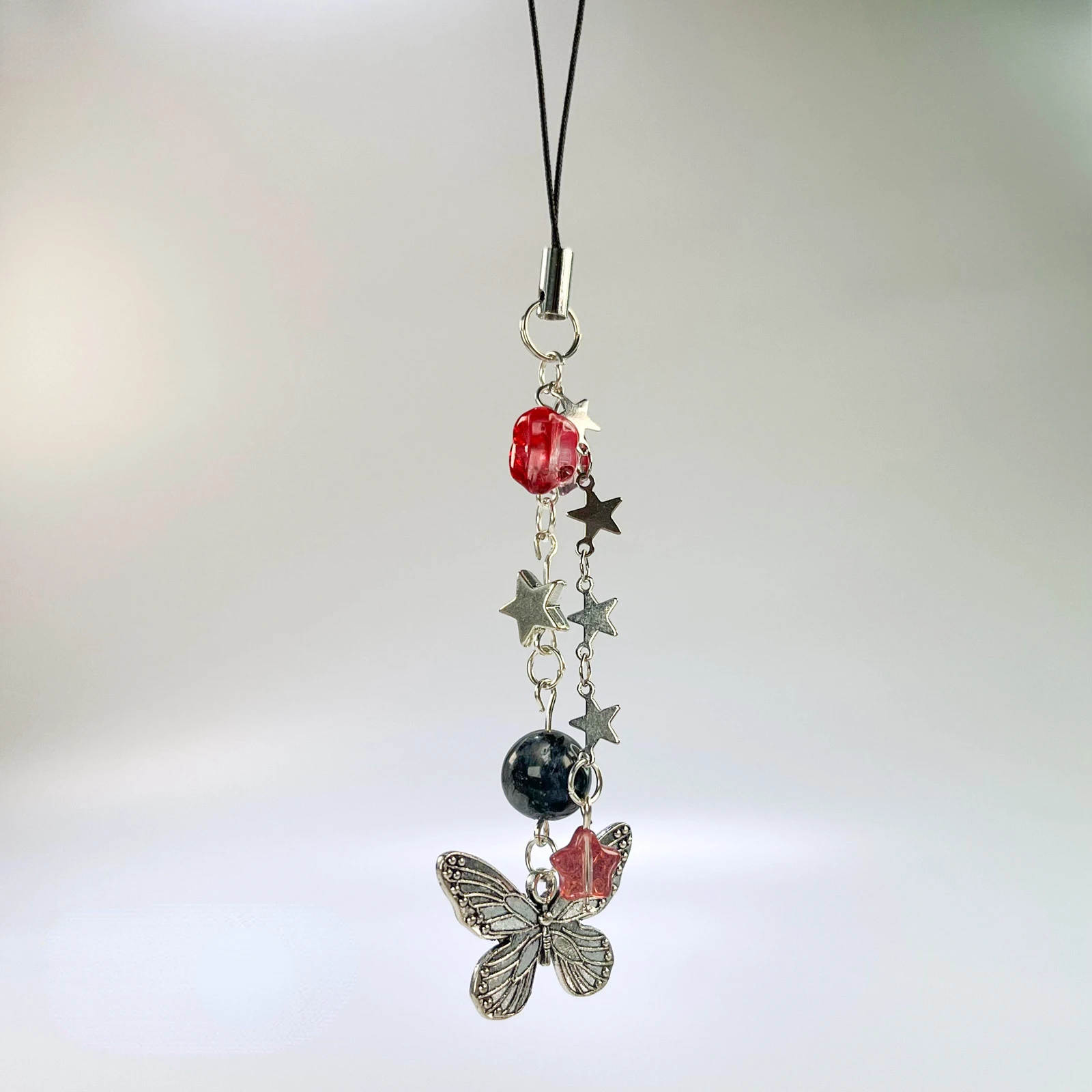 Original Black Red Bead Phone Charm Strap Metal Butterfly Star Pendant Cellphone Hanging Chain Keychain Bag Lanyard Keycord