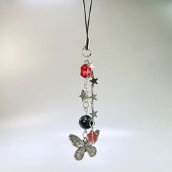 Original Black Red Bead Phone Charm Strap Metal Butterfly Star Pendant Cellphone Hanging Chain Keychain Bag Lanyard Keycord