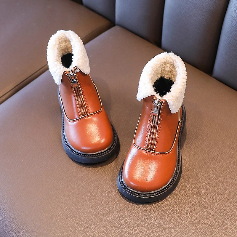 Multi Colored Girls Leather Boots with Front Zipper Low Leg Flat Bottom, Winter Outdoor Microfiber Girls Leather Shoes