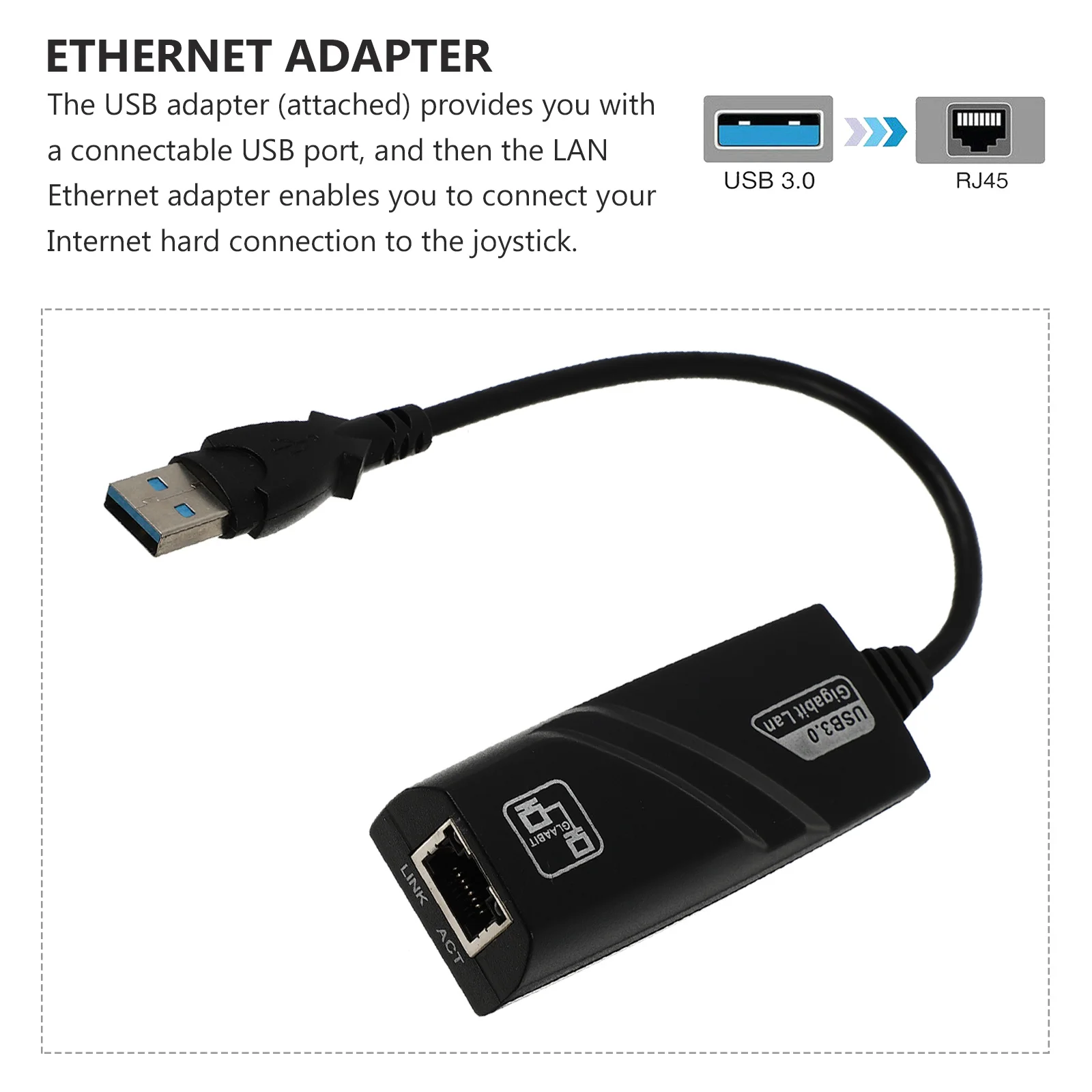 Ethernet-Adapter für 3- oder Stick-Plug-and-Play-Installation, keine Konfiguration erforderlich, USB-Anschluss mit festem Kabel, Schwarz