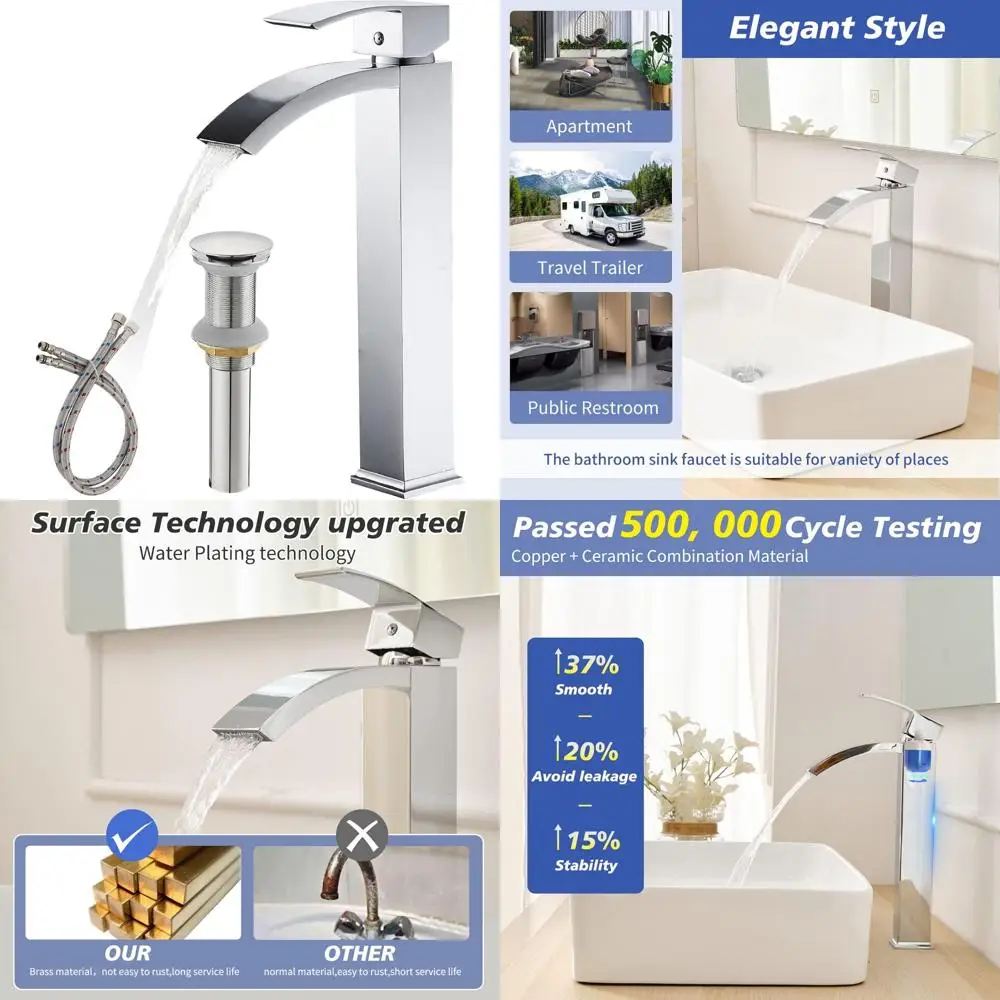 

Waterfall Style Single Handle Vessel Sink Faucet with Tall Spout and Pop-Up Drain for Modern Bathrooms