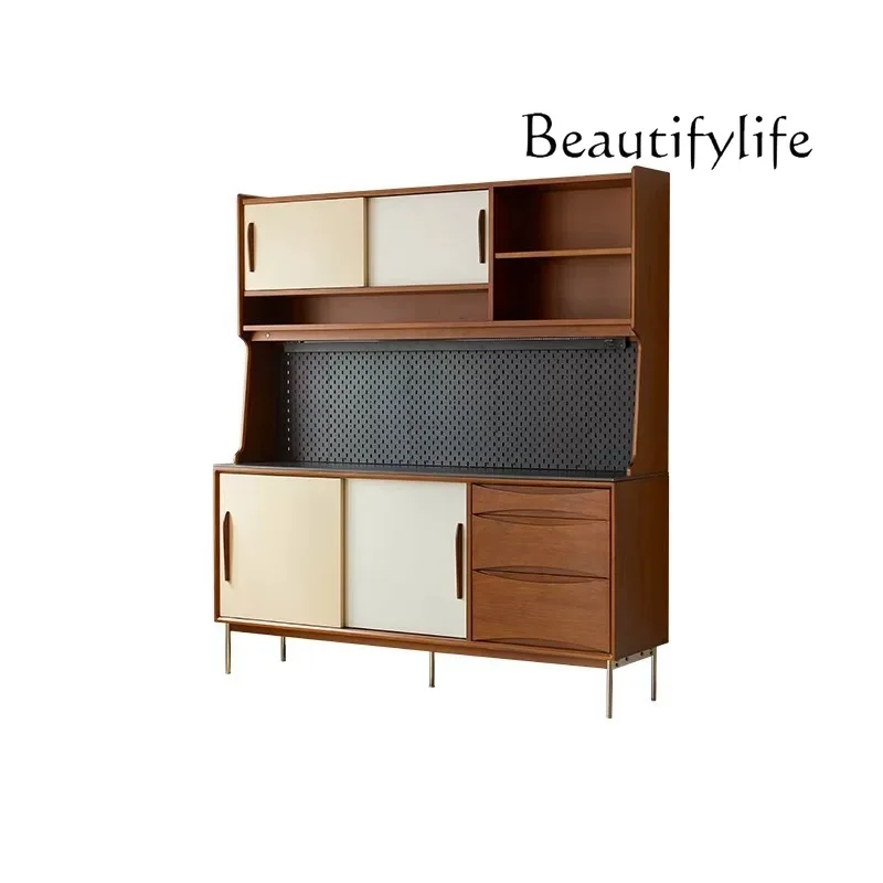 

Solid wood dining side cabinet medieval Nordic wine cabinet integrated rock slab storage cabinet against the wall