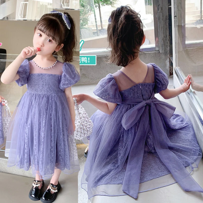 2024 New Summer Lace Princess Girls Dress Pearl Decoration Mesh Big Bow Multi-layer Thin Gauze Dress For 2-8 Years Kids