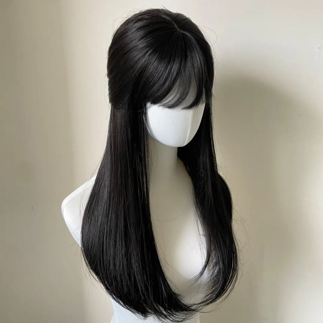 

Women's Daily Universal Long Straight Hair Black Long Straight Cold Temperament Full Set Head Whole Wig
