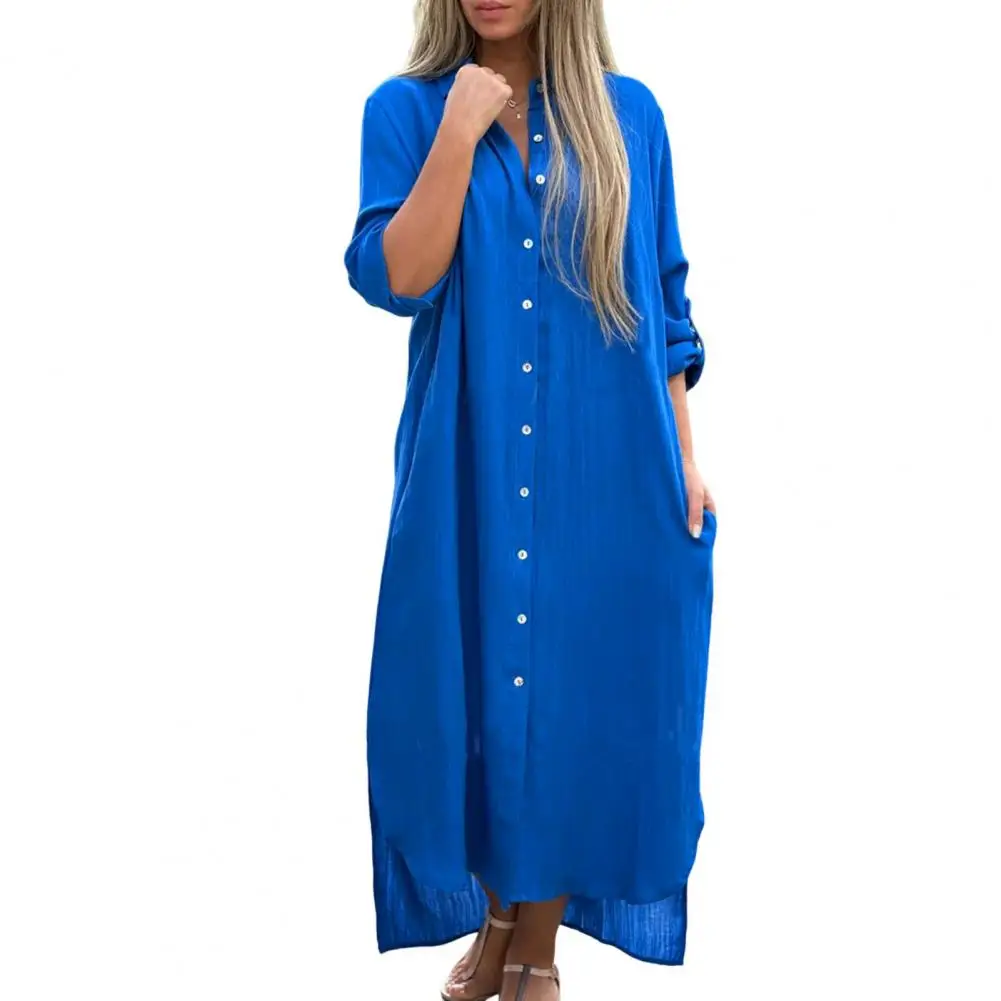 Loose Hem Maxi Dress Women Long Lapel Shirt Dress Elegant Women's Maxi Dress with Single-breasted Cardigan