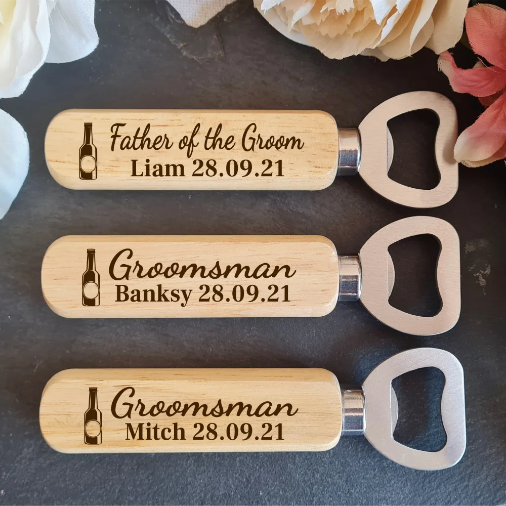 2pcs Custom Wooden Bottle Opener Engraved Wedding Groomsman Gift Handheld Wine Beer Glass Cap Father\'s Day Gift Usher Bestman