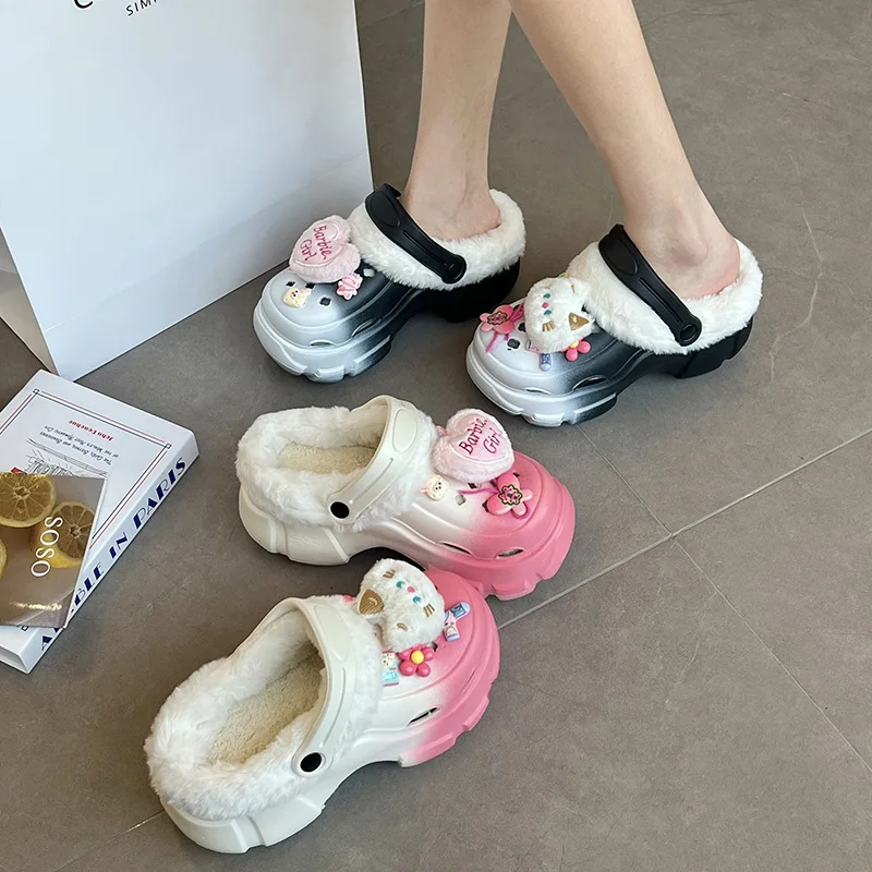 Sweet Girl Plush Love Fleece-lined Porous Shoes Women Outer Wear 2024 Autumn and Winter New Thick Bottom Increased Non-Slip C...