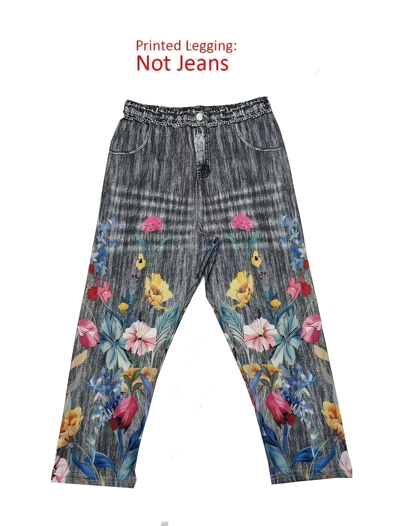 Damen-Capri-Leggings mit Blumenmuster, hochelastische, schmal geschnittene, kurze Hose aus Kunst-Denim, vielseitige, sportliche, lässige, schmal geschnittene Knöchelhose – Detail 4