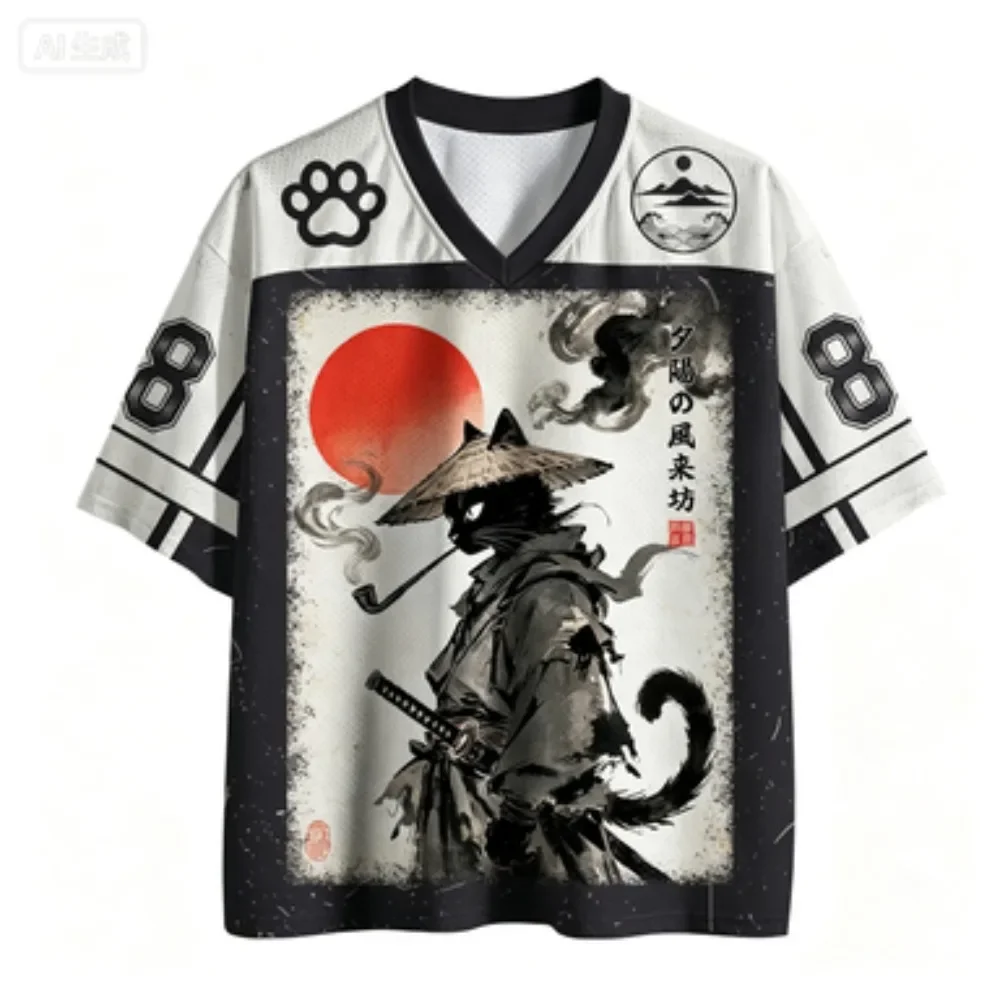 Men Japanese Samurai Cat Ukiyo-e Ink Paint Graphic V-Neck Football Jersey Unisex OversizedBreathable Short Sleeve Streetwear Top