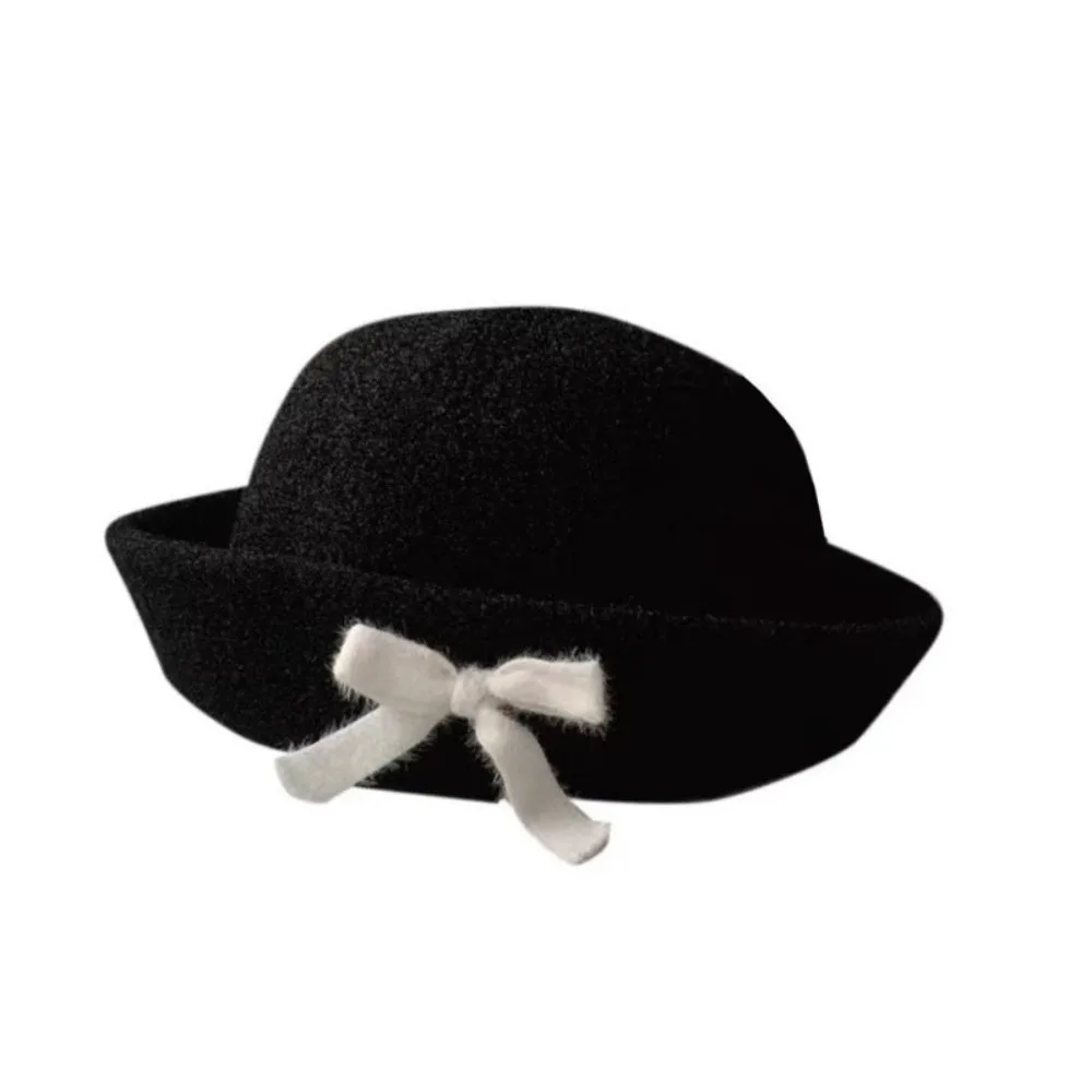 

Sweet Solid Color Bow Bucket Cap Korean Style Versatile Woolen Fishing Cap Knit Y2k Women Bucket Hat Women