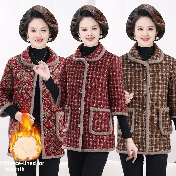 

Зимняя хлопковая куртка в клетку с утепленной флисовой подкладкой, средней длины, с отложным воротником, теплая хлопковая одежда для мам среднего и пожилого возраста
