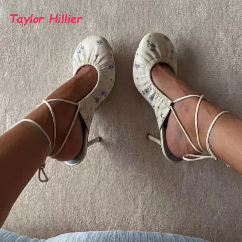 

White Blue Floral Print Women's Round Toe Slingback Stiletto Heels Ankle Wrap Lace-Up Elegant Party Wedding Evening Summer Shoes