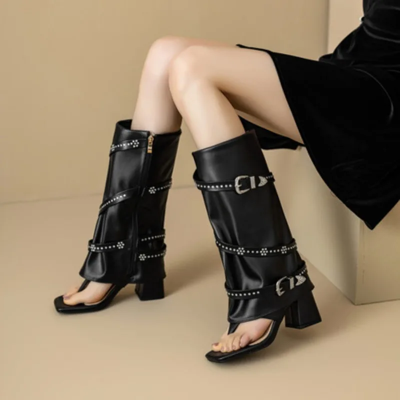 

Summer New Style Fashion High-heeled Women's Sandals Solid Color Peep Toe Zipper Metal Decoration Square Heel Women's Cool Boots