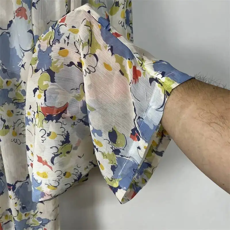 Summer Floral Print Crinkled Semi Sheer Drape Chiffon Wide Leg Men Trousers Elastic Waist Loose Casual Pants CS4F