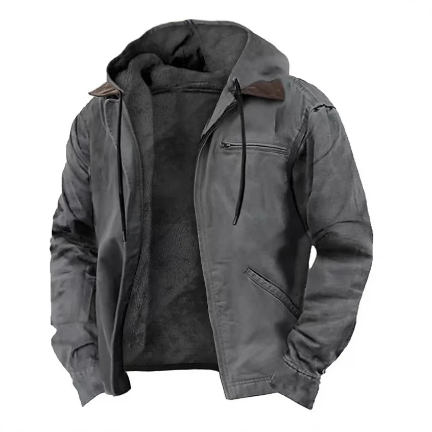Winter New Men Casual Jackets Hooded Zipper Pocket Fashion Solid Color Fleece Warm Outerwear Male Outdoor Hooded Hoodie Coats