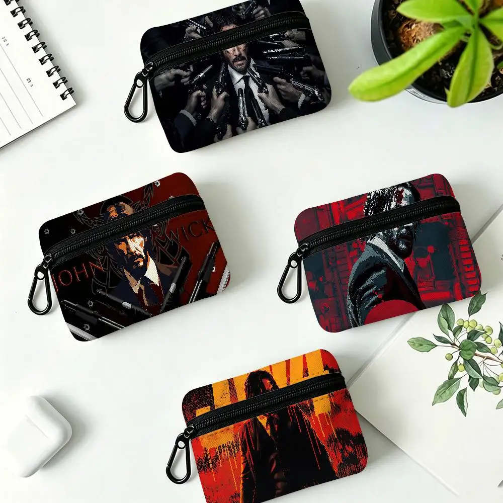 1pc Classic J-john W-wick Movie Mini Oxford Cloth Coin Purse With Carabiner Hook Portable Key Card Wallet Small Zipper Storage