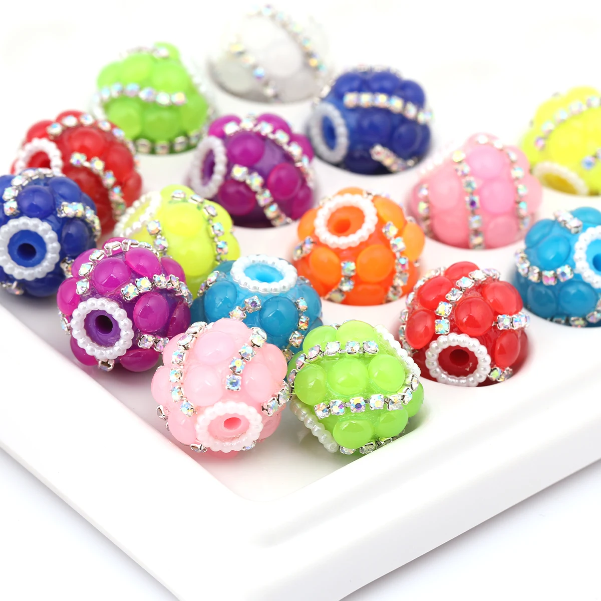 6pcs Random Color 1.9cm Rhinestone Stripe Round Acrylic Loose Beads DIY Handmade Bracelet Jewelry Craft Supplies