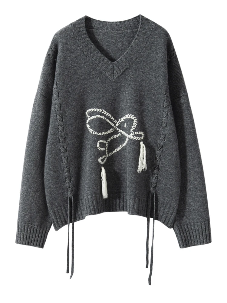 

Новый шикарный женский пуловер с v-образным вырезом, свитер с поясом, дизайн ручной работы с кроликом, 100% кашемировый трикотаж, ретро, ленивая толстая теплая одежда