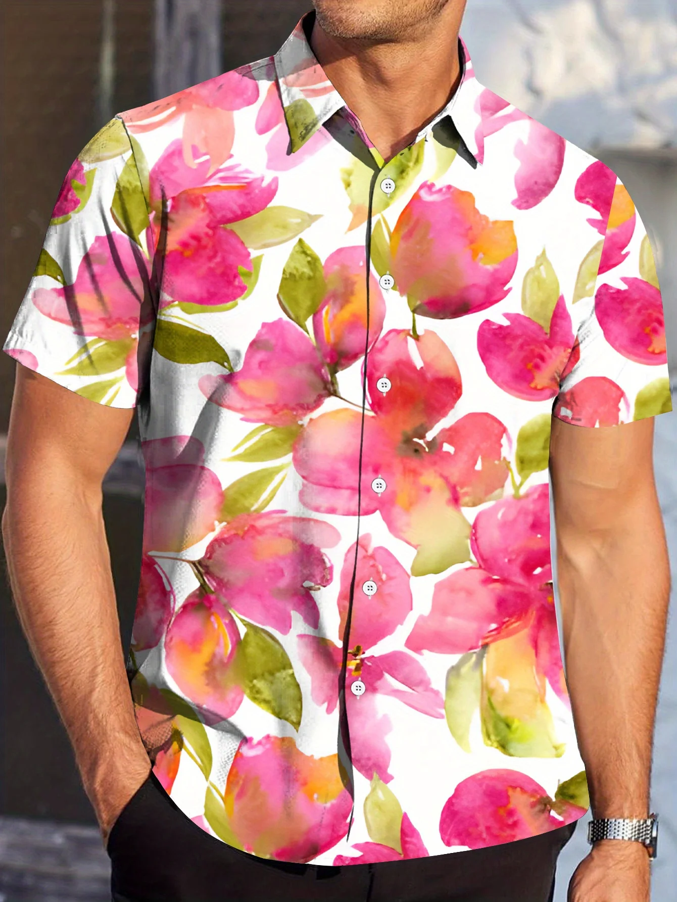 Men's Bohemian Short Sleeve Shirt - Full-Body for Lotus & Leaf Print, Navy Blue with Pink Floral, Re Fit Button-Up Casual Shirt