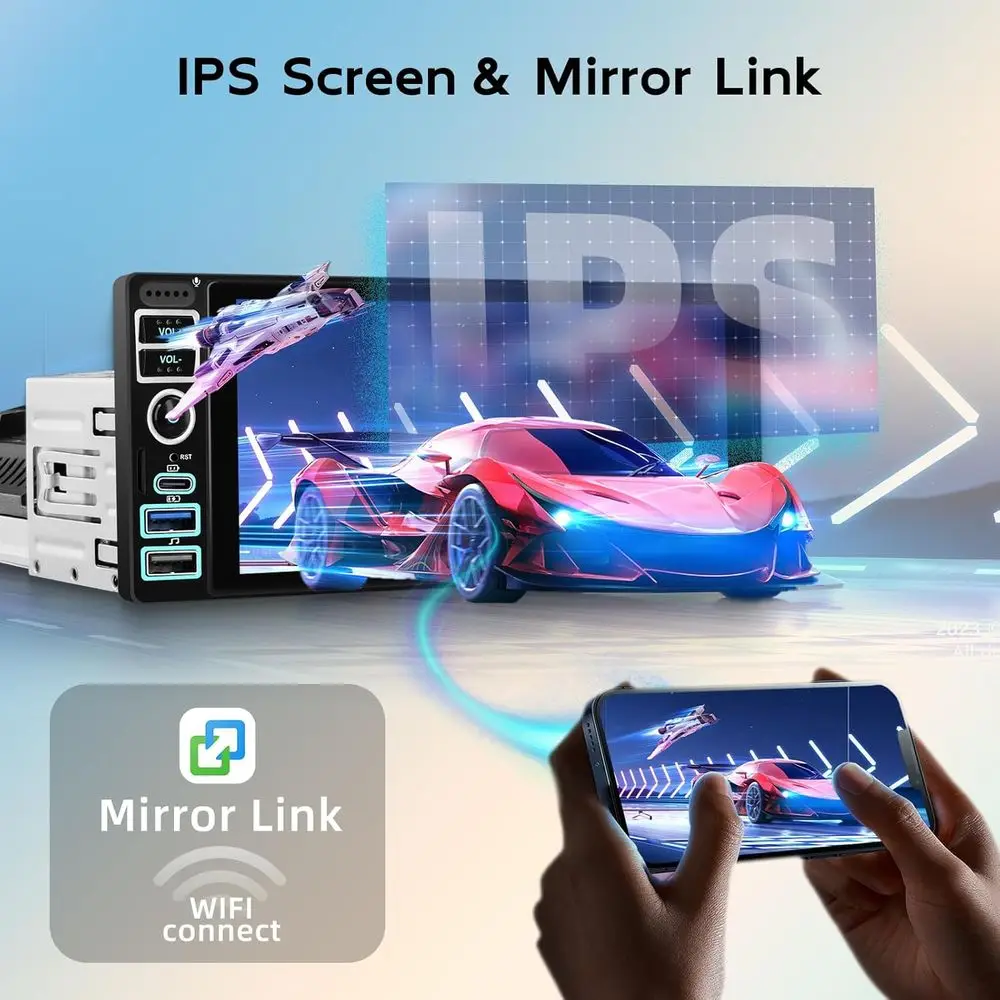 4+64G Single Din Android Stereo with Wireless Carplay and Android Auto, Car Radio HD Touch Screen Headunit with Mirror Link Blue