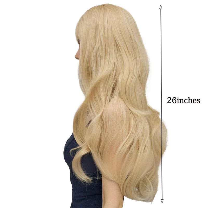 Venta de liquidación de pelucas sintéticas onduladas con flequillo dorado de 26 pulgadas, adecuadas para el cabello Natural diario, para fiestas y Halloween de las mujeres