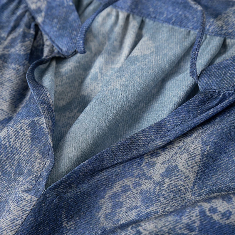 Vrouwen Zijden Blouse 100% Moerbei Crêpe Zijde Denim Blauwe Vlinder V-hals Trui Top Shirt Office Lady M1208