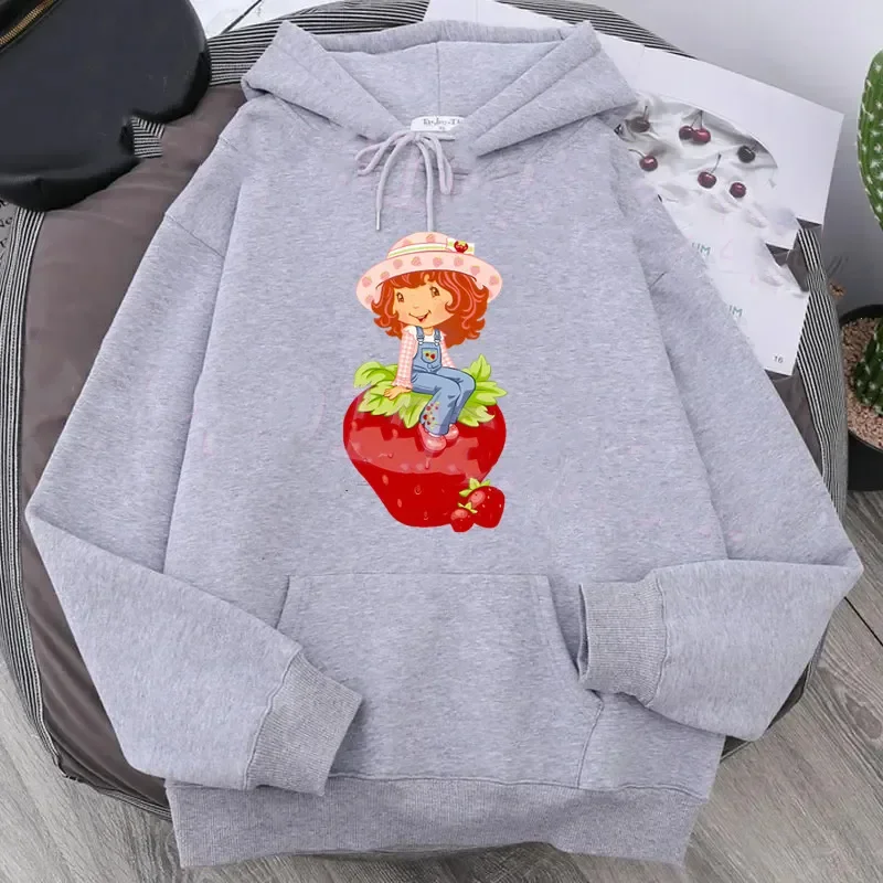 كارتون الفراولة المرأة هوديس الفراولة كعكة هوديس قمم جيوب طويلة الأكمام الأزياء قمصان سويت شيرت بقلنسوة